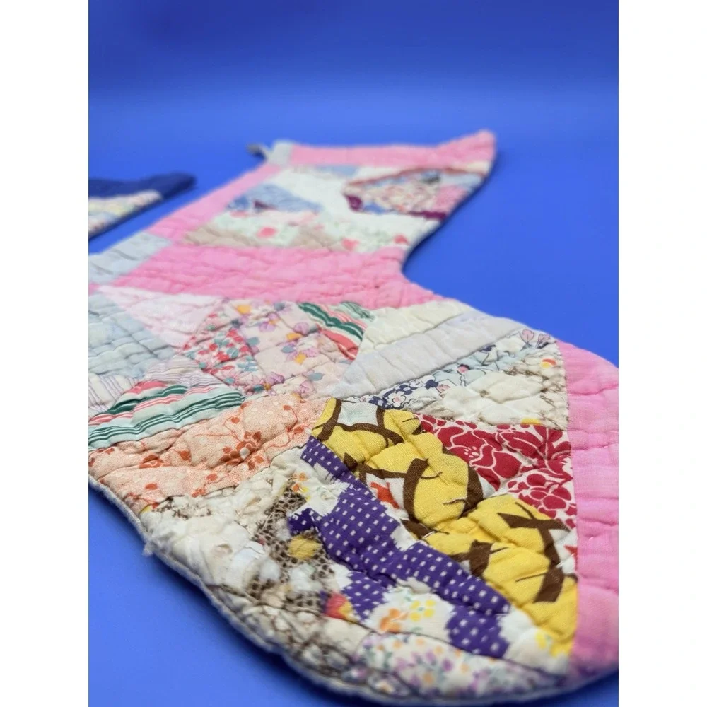 Vintage Handmade Patchwork Quilt Christmas Stockings Pair 23